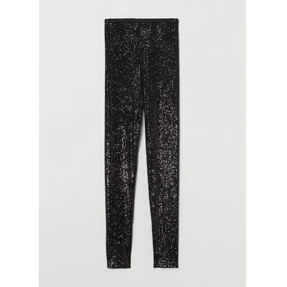 H&M | Black Legging Ponte Pants Sequin Sequined Pants Size + Ankle Zip | Size 6 - Picture 1 of 8